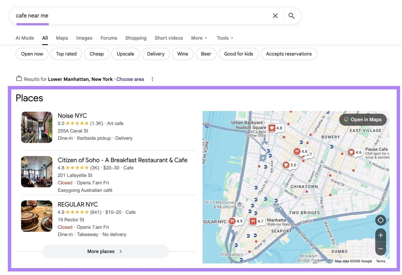 Google SERP for the term "cafe near me" with the local pack that appears at the top highlighted.