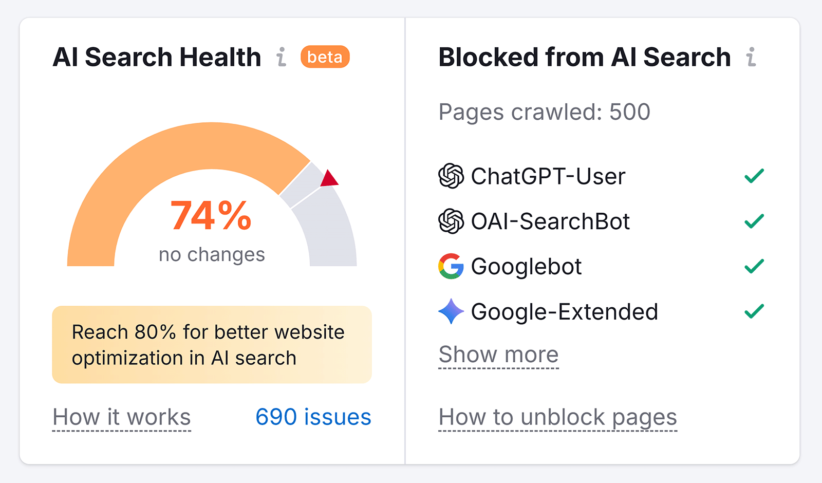 AI Search Health dashboard showing 74% score and bot access status for crawlers