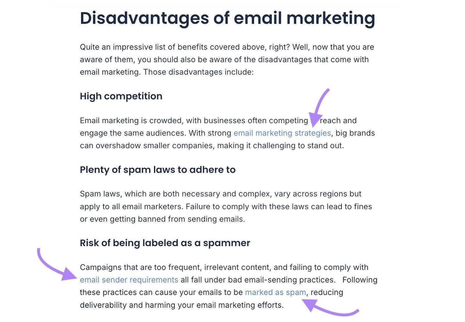 Internal links to related content on a pillar page by Mailtrap.
