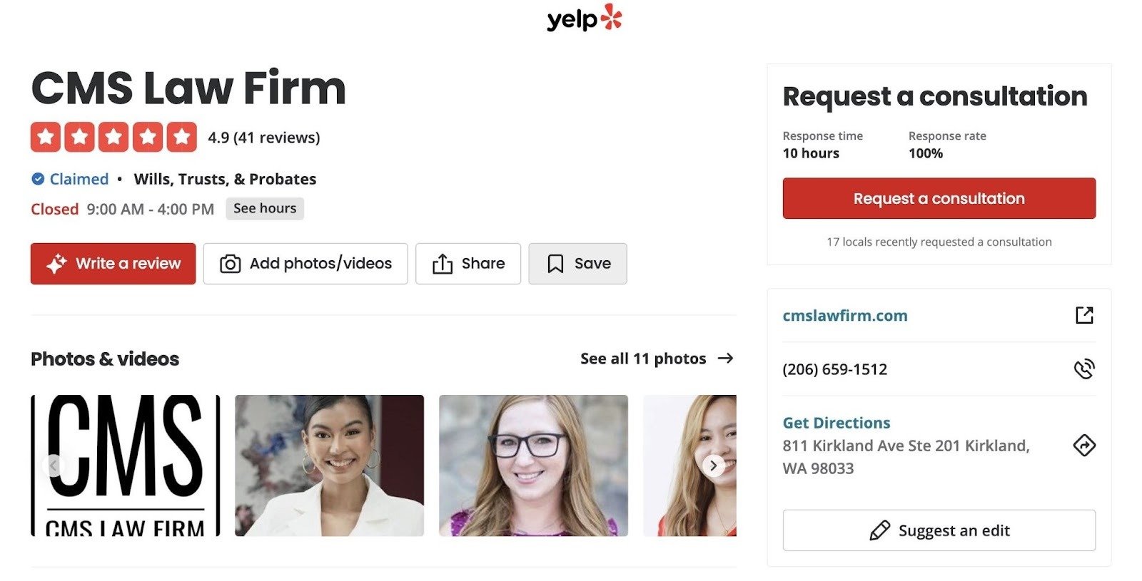 The Yelp profile of CMS Law Firm showing their address, phone number, photos, reviews and ratings, etc.