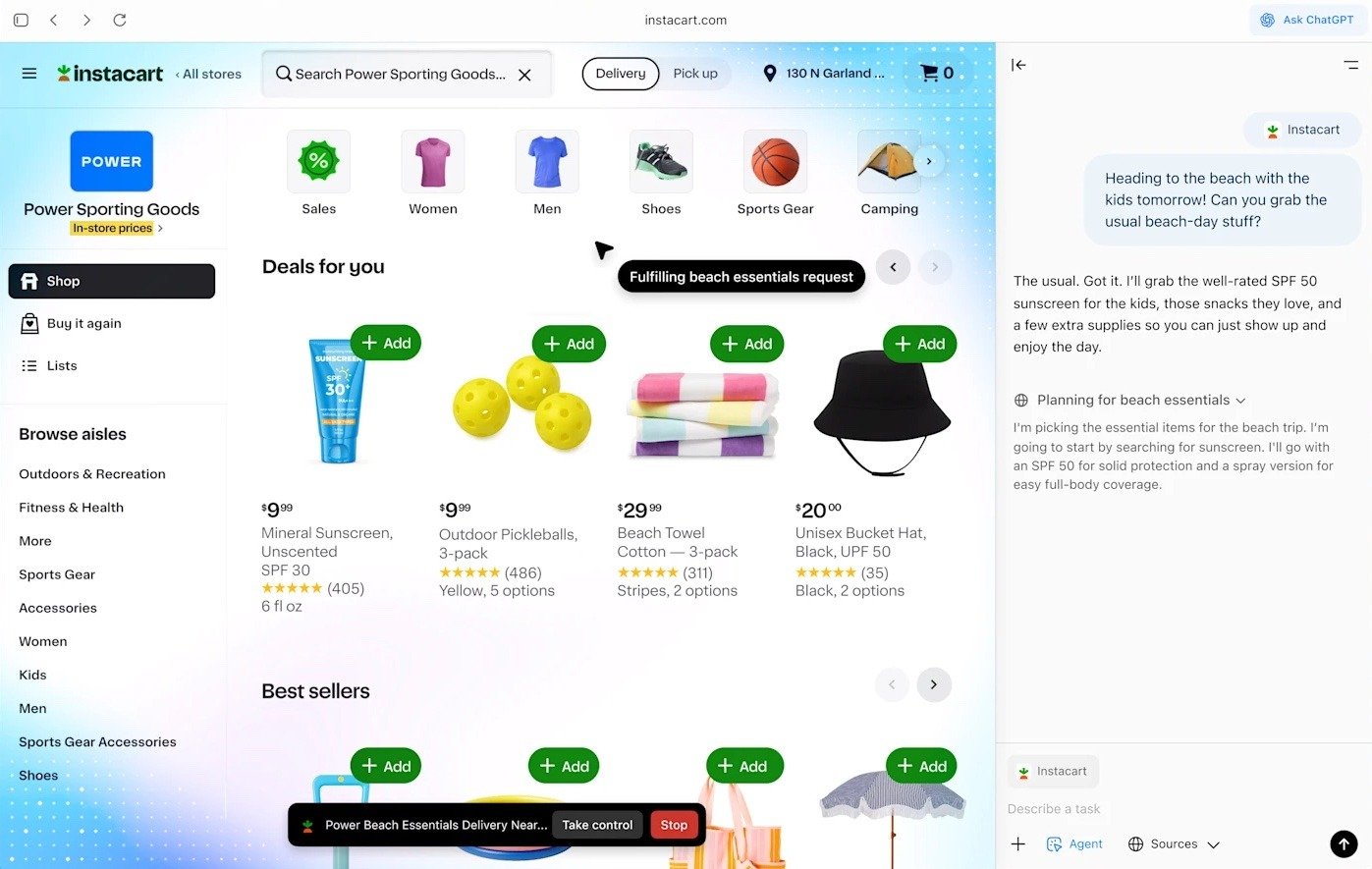Using a ChatGPT prompt to make a purchase on Instacart.