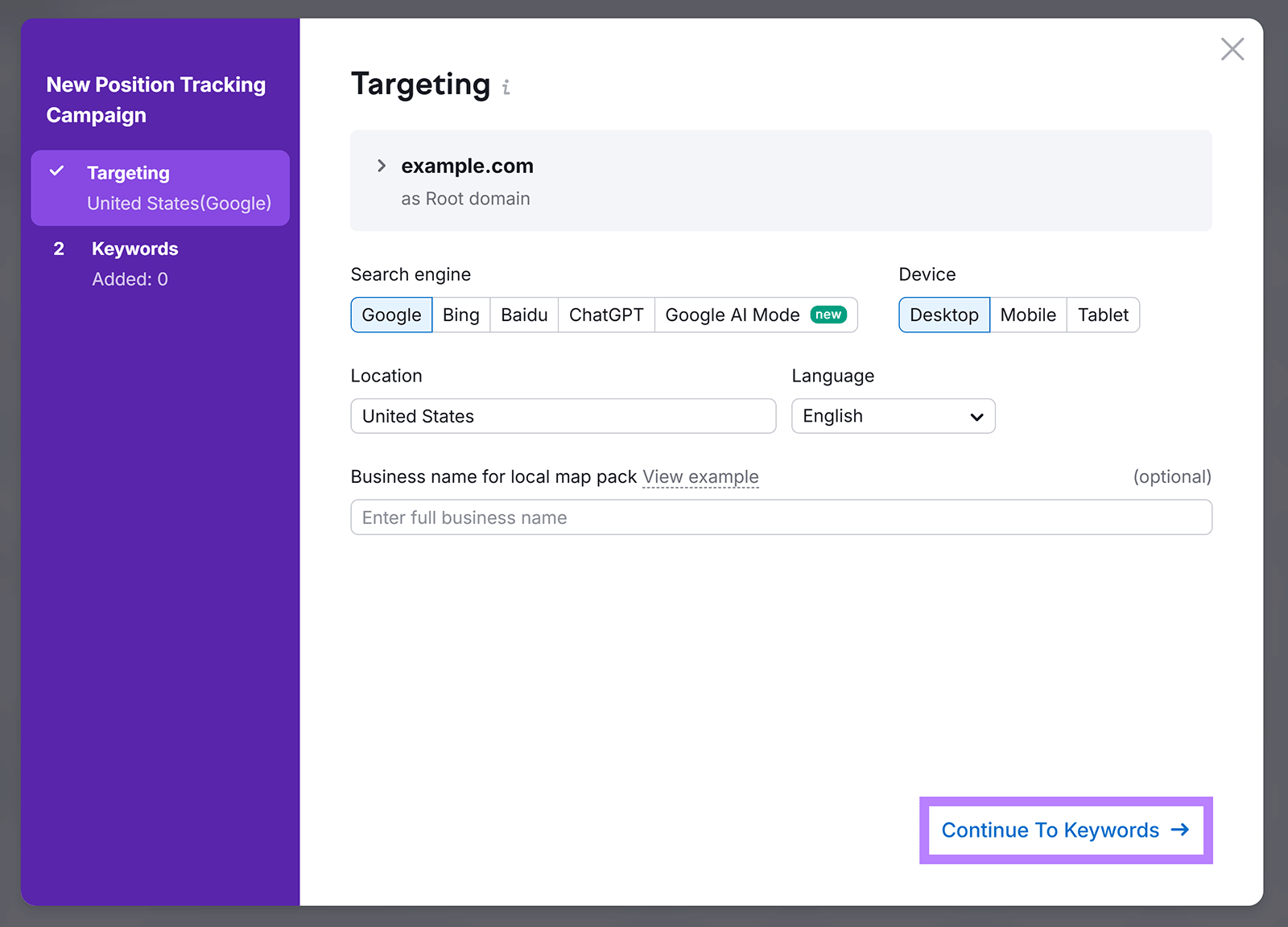 Position Tracking setup screen with Continue button highlighted