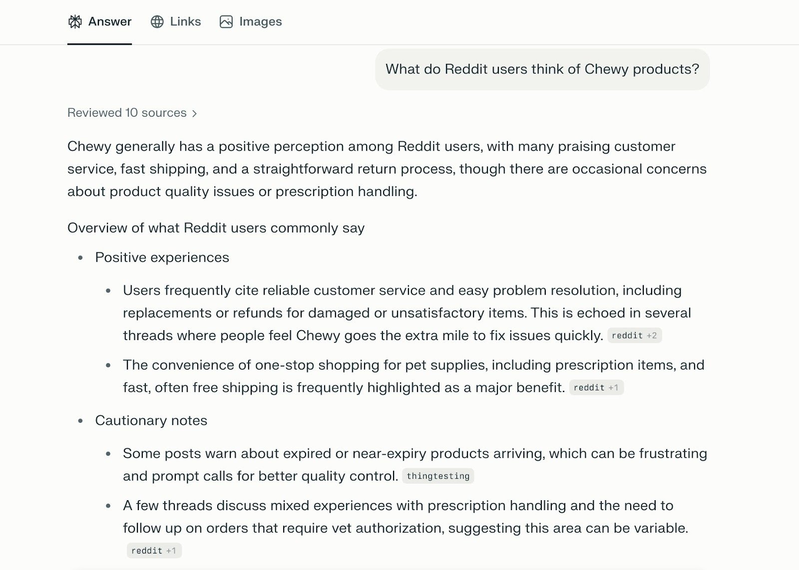 Perplexity interface with the prompt "What do Reddit users think of Chewy products?" along with the response generated below.