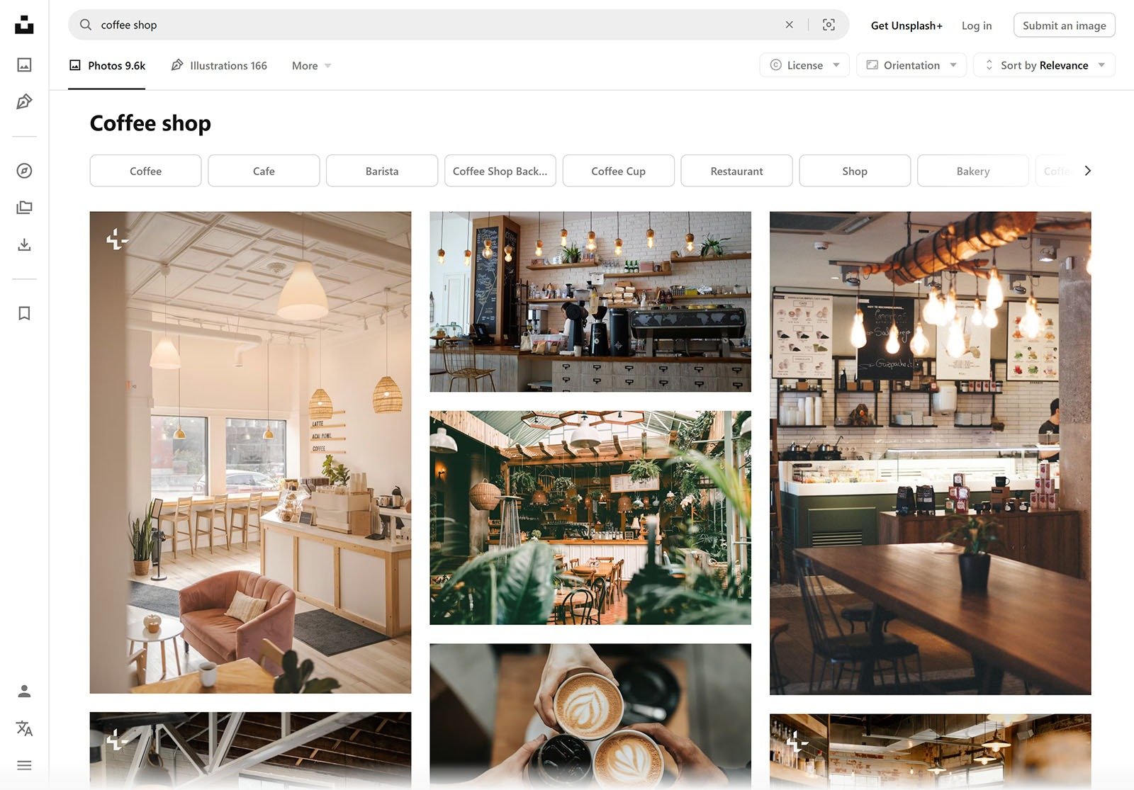 Unsplash search results page showing free stock photos for the query ‘coffee shop.’