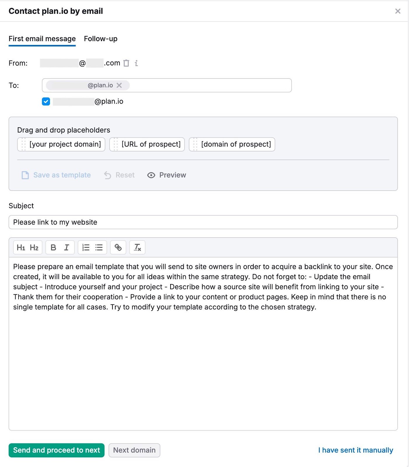 Link building email template with options to customize the subject, email body, and recipients on Semrush.