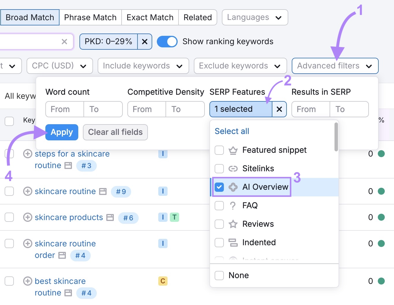 Applying the "SERP Features" filter to only show keywords that trigger AI Overviews on the Keyword Magic Tool.