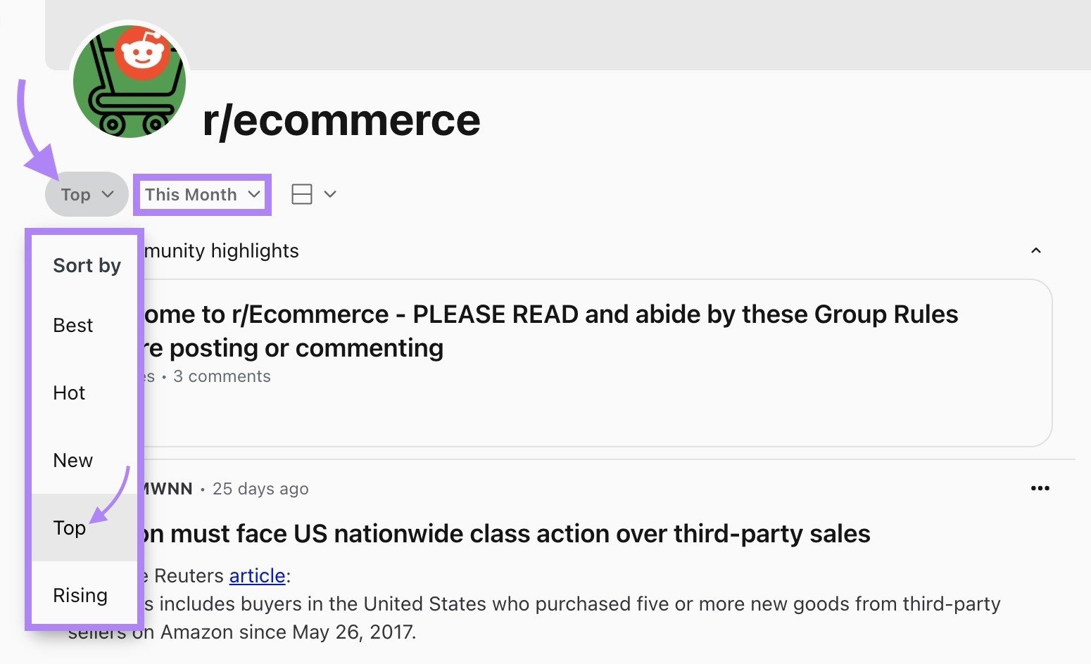 Filtering posts on a subreddit by the toggling the options to “Top” and “This month” at the top of the page.