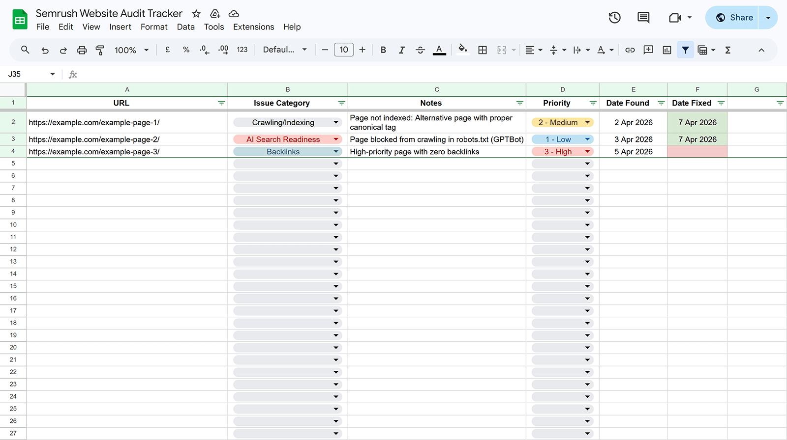 Website audit tracker spreadsheet with URLs, issues, priorities, and fix dates