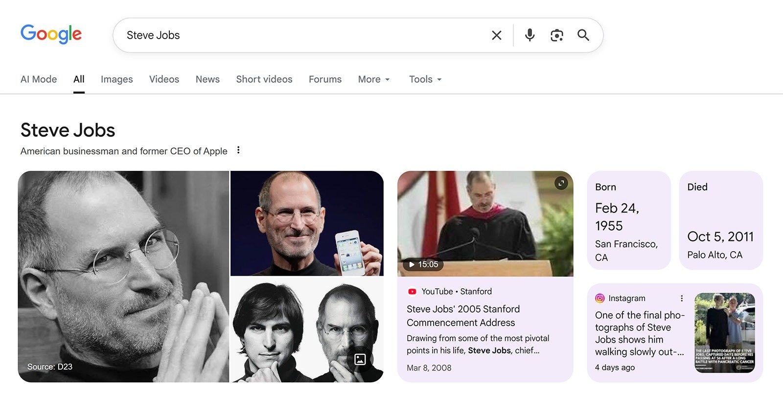 Google search results for Steve Jobs showing knowledge panel with images, bio, birth and death dates
