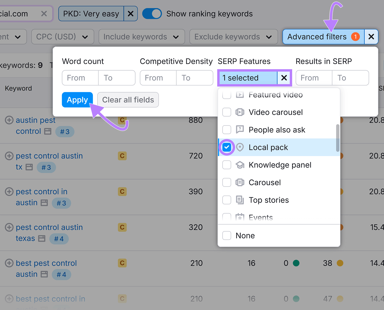 Keyword tool interface with advanced filters showing Local Pack SERP feature selected and apply button highlighted