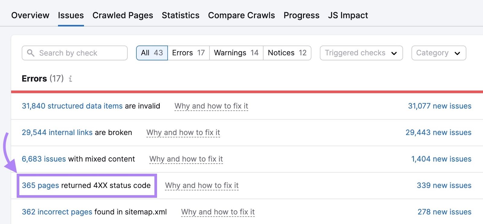 "365 pages returned 4XX status code" highlighted and clicked on Site Audit Errors
