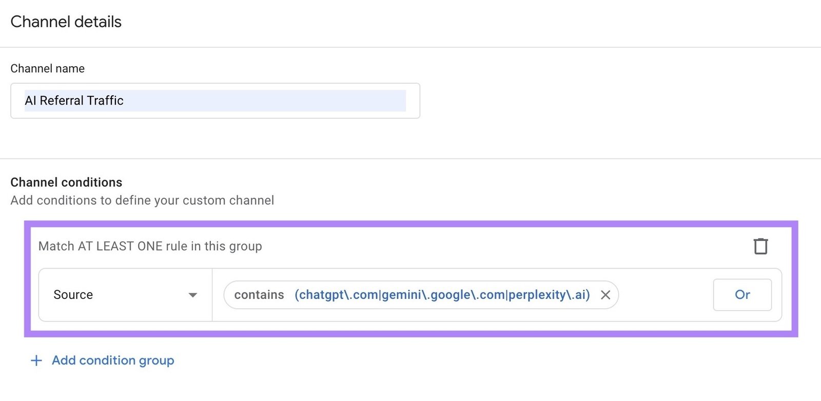 Creating an "AI Referral Traffic" channel on GA4 to show referrals from ChatGPT, Gemini, and Perplexity.
