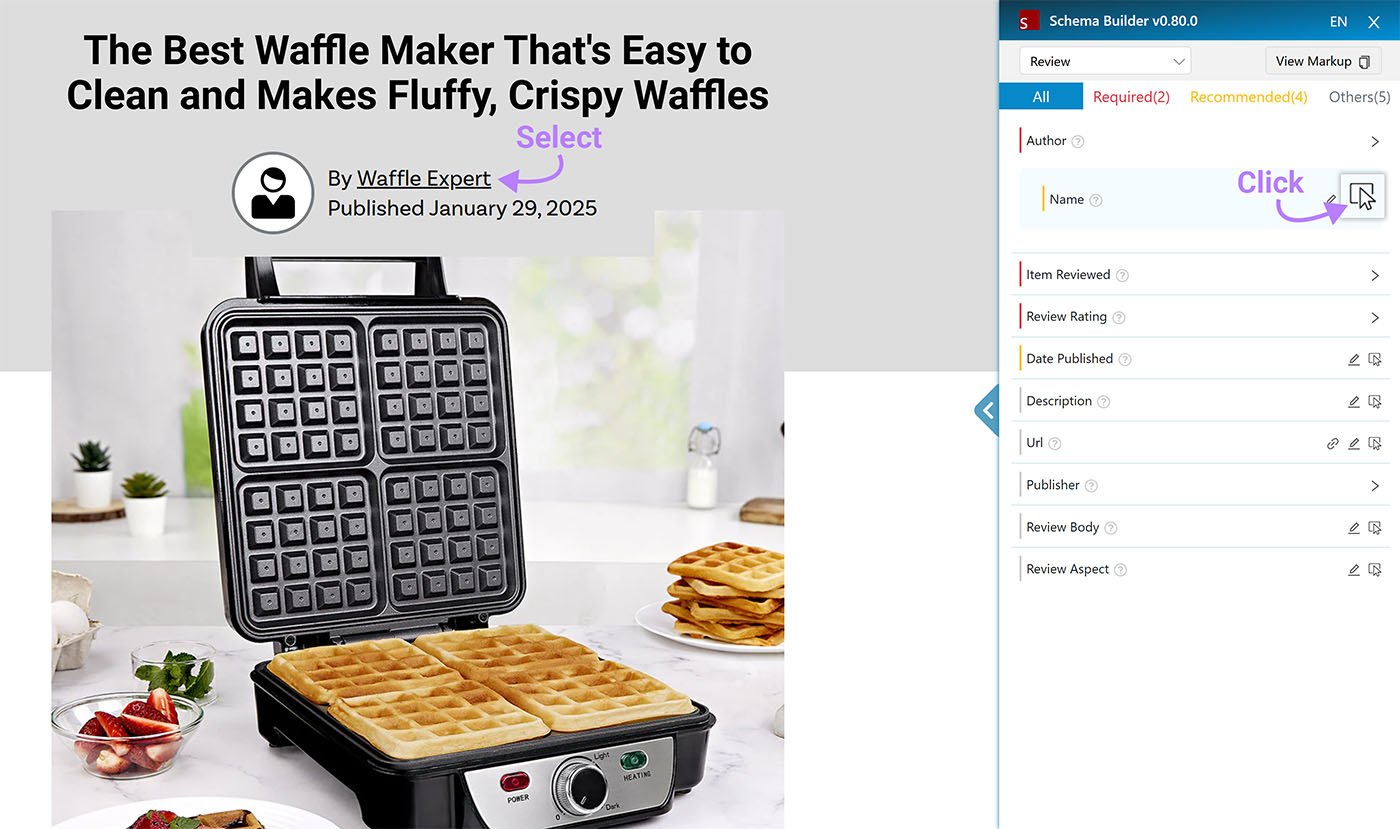 Arrow button under Author property and Author name on web page highlighted and annotated.