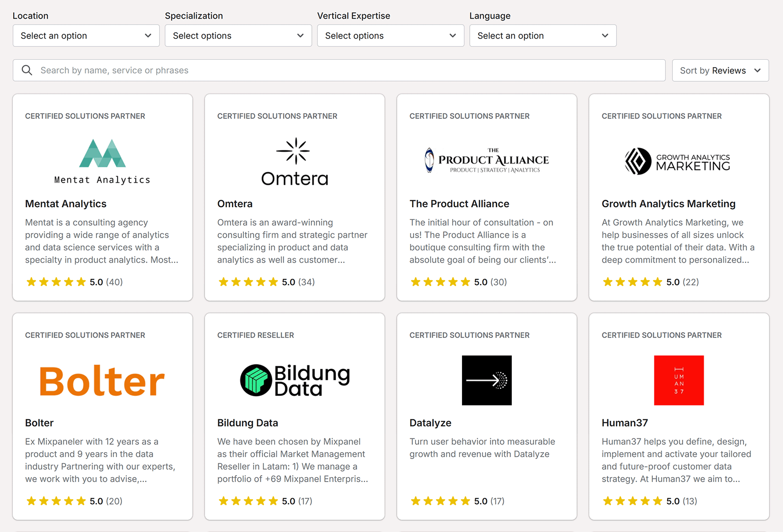 Directory of certified analytics partners showing agencies with ratings, descriptions, and service offerings