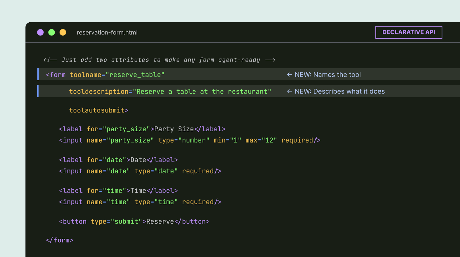 HTML code example showing a reservation form using WebMCP declarative attributes like toolname and tooldescription