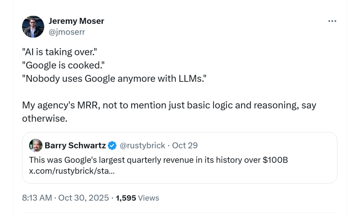 A post on X by Jeremy Moser that discusses how SEO is still relevant.