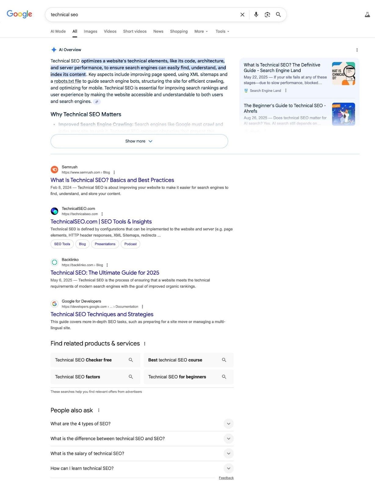 Google SERP for the term "technical seo" showing an AI Overview, followed by personalized organic results.