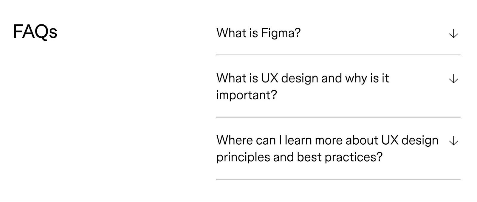 The FAQs section on a landing page by Figma addressing common questions and concerns.