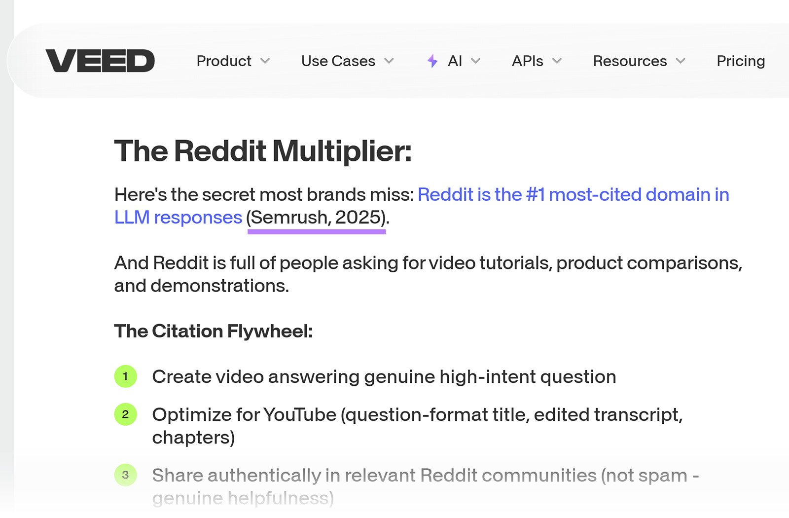 VEED post highlighting Semrush study about Reddit being most cited domain in LLM responses
