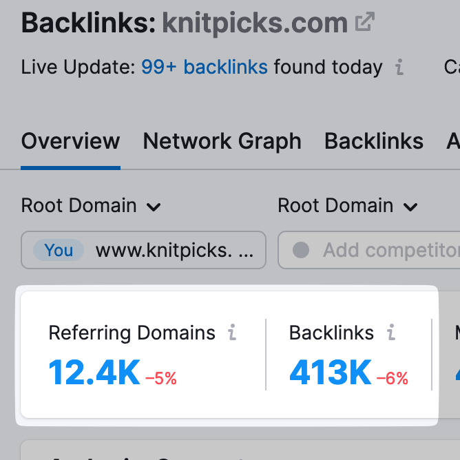 "Referring Domains" and "Backlinks" widgets in Backlinks overview report