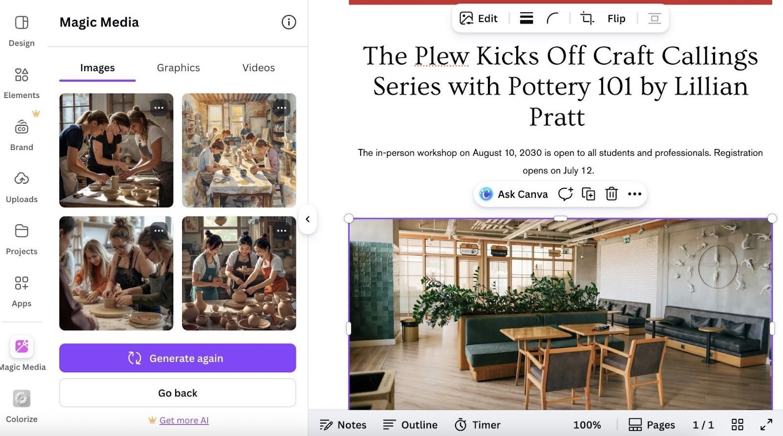 Canva interface with a press release template on the right and images generated based on a prompt on the left.