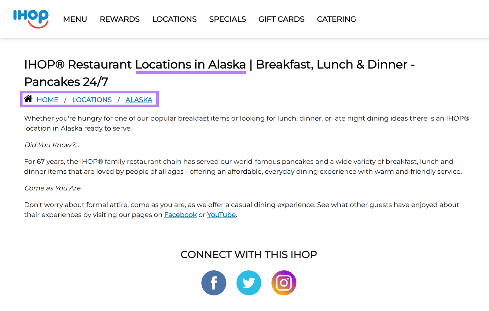 IHOP Alaska location page with location-focused heading, breadcrumb navigation, and social links