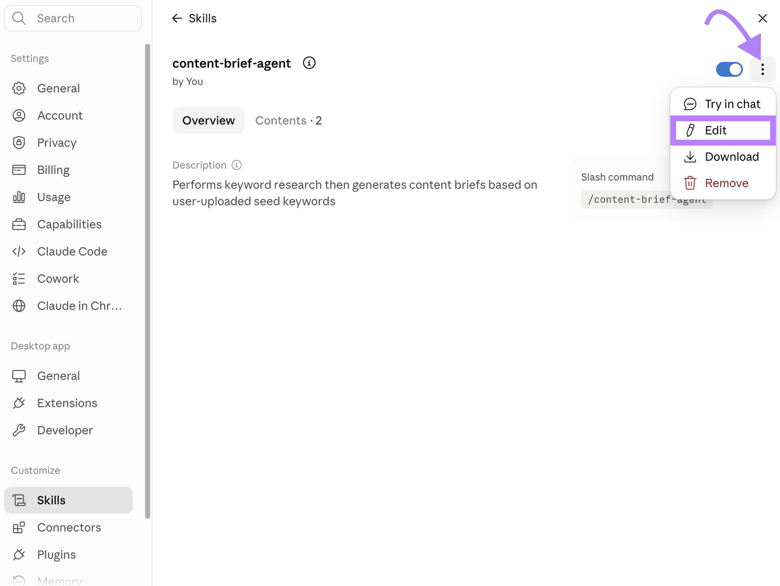 Claude content-brief-agent skill page with the menu open and Edit option highlighted