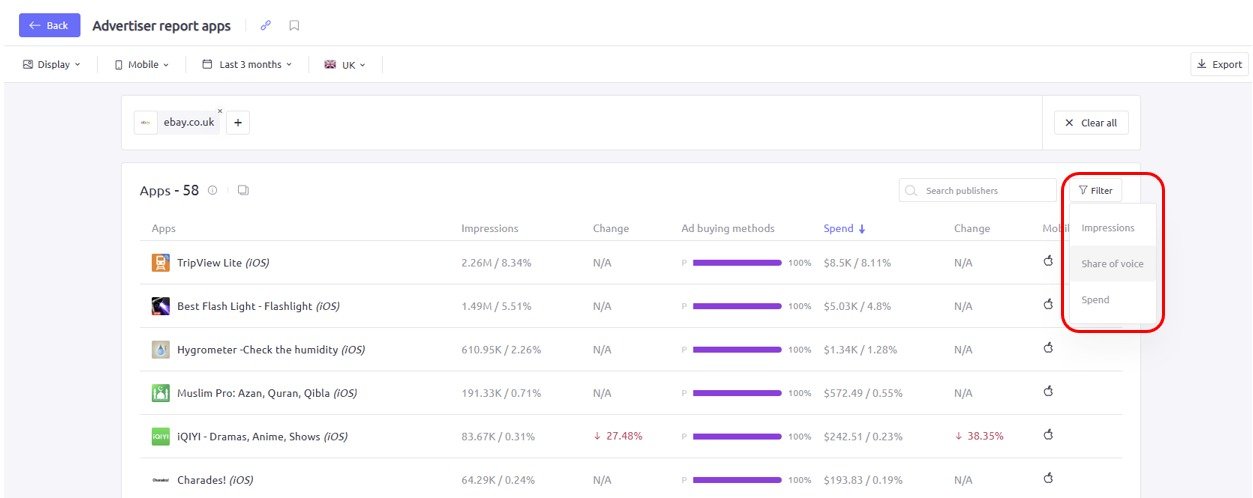 Filtering an apps report in AdClarity &mdash; Advertising Intelligence