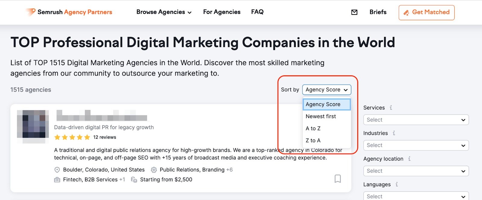 A list of digital agencies sorted by Agency Score, with the sorting options drop-down highlighted in a red rectangle at the top-right.