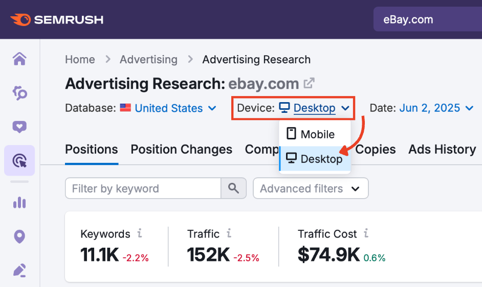The device menu with desktop selected in the Advertising Research Positions report.